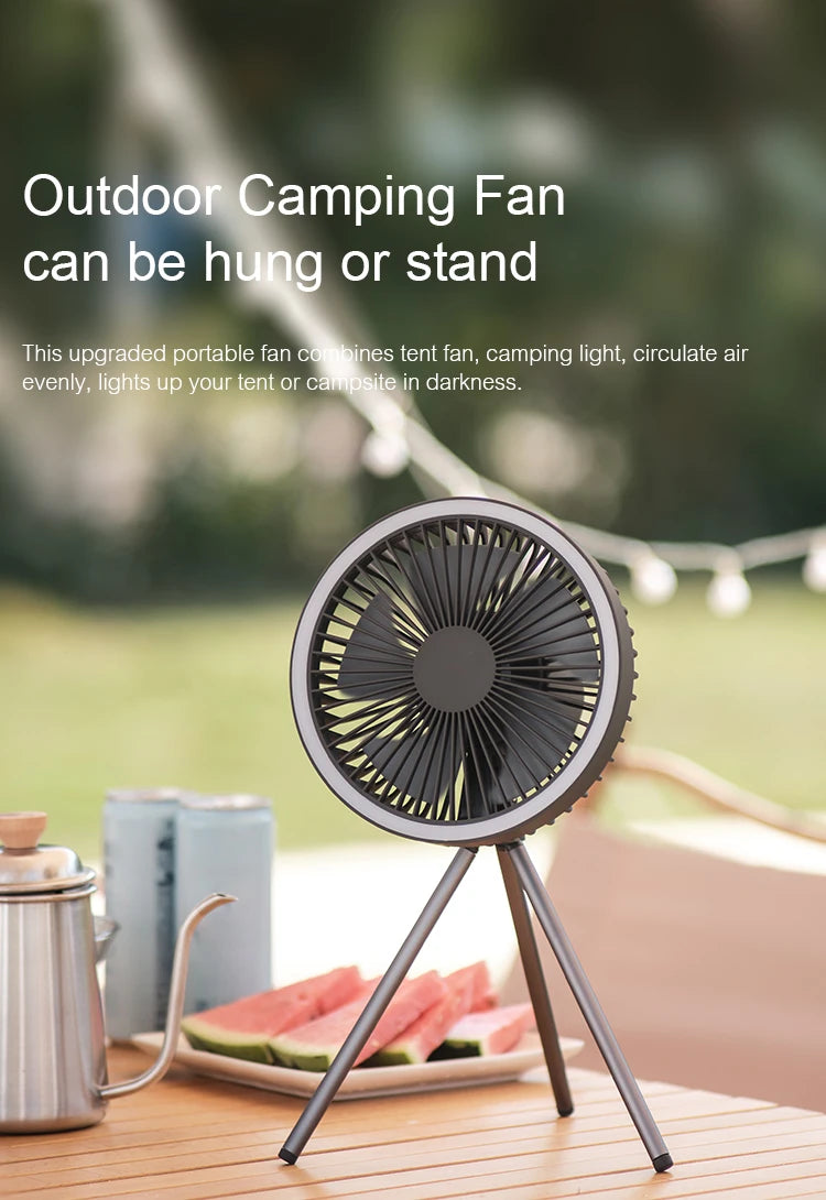 Rechargeable Camping Fan - 10000mAh Power Bank with LED Lighting | Portable Desktop & Wireless Ceiling Electric Circulator Fan