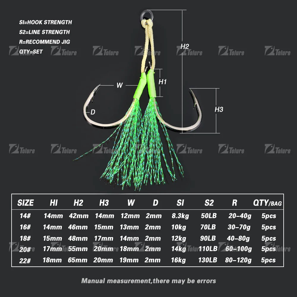 TOLU Metal Jigging Assist Hooks Set - 10 Pieces, Size 13-22#, PE Line with Feather, Solid Ring, UV Enhanced for 10-120g Lures