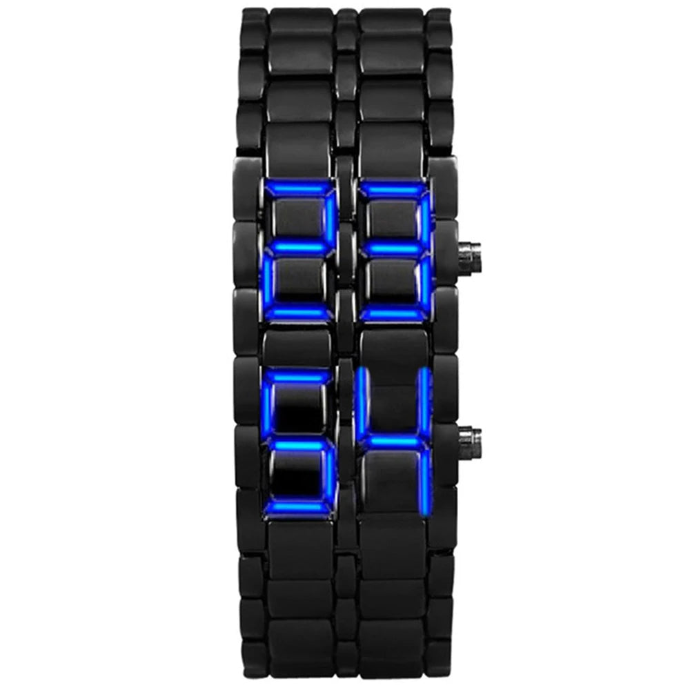 LED Digital Sports Watch - Full Metal Lava Style Wristwatch with Alarm & Calendar (Red/Blue Display)