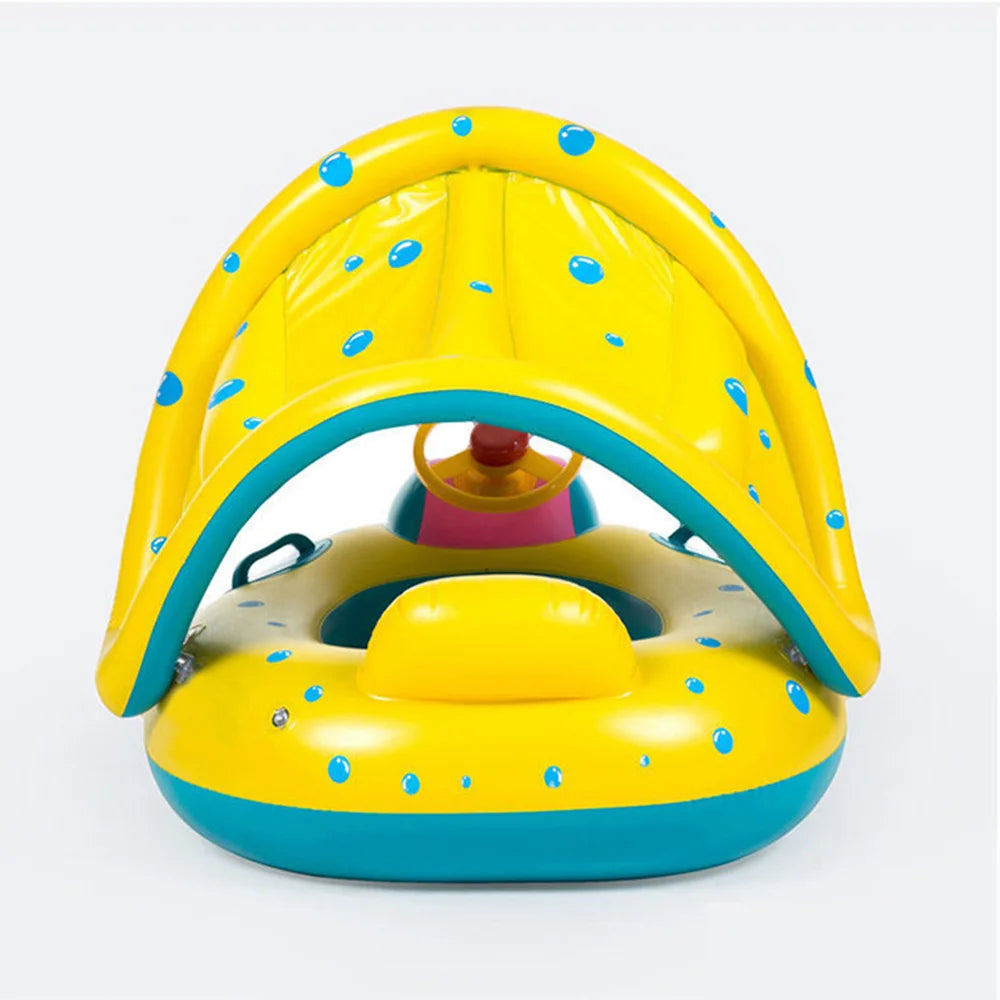 Yellow Inflatable Baby Swimming Pool Float - 1 Piece Sunshade Seat Ring with Steering Wheel