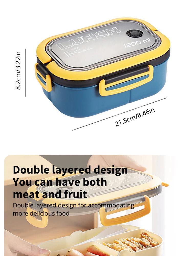 Portable Double-Layer Lunch Box with Compartments - Microwave Safe Food Container with Fork & Spoon Set for Picnic and Fresh Food Storage