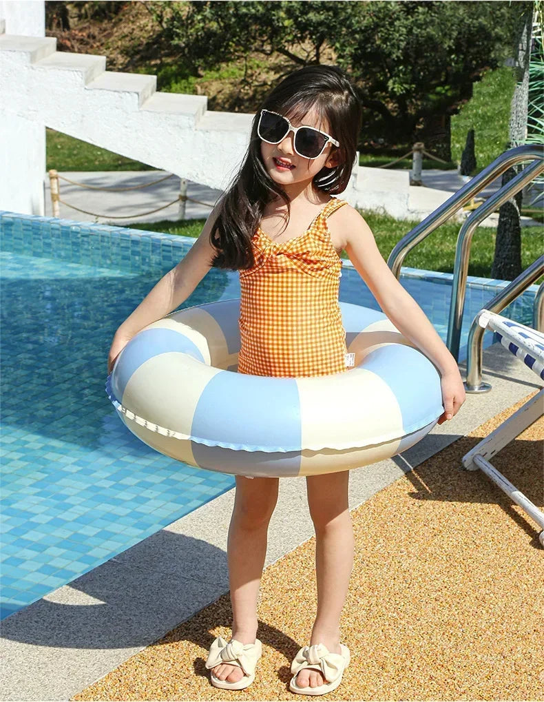 Kids PVC Striped Swimming Ring - Inflatable Floating Tube Donut for Boys & Girls Summer Pool Fun