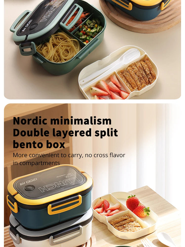 Portable Double-Layer Lunch Box with Compartments - Microwave Safe Food Container with Fork & Spoon Set for Picnic and Fresh Food Storage
