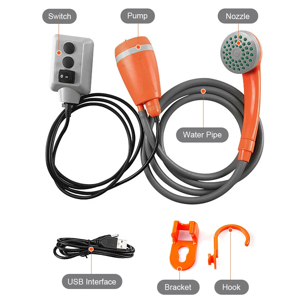 Rechargeable Portable Camping Shower Pump - Outdoor Shower Head for Hiking, Traveling & Camping Equipment