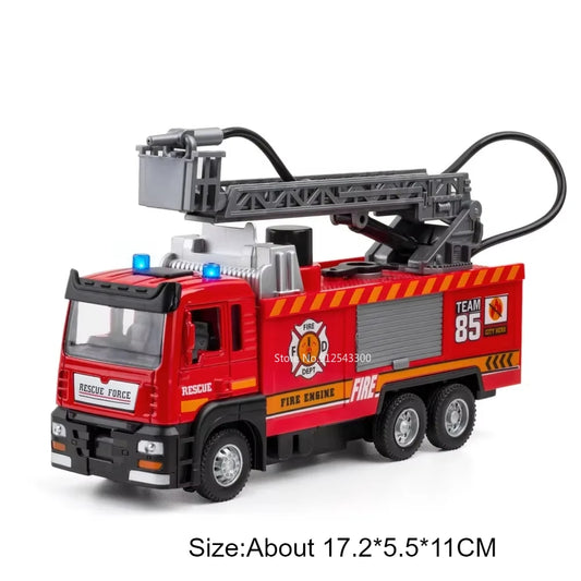 Fire Engine Model Truck 1:32 Scale with Water Spray Function - Ladder Truck Toy with Sound & Light Effects, Pull-Back Action, Opening Doors - Vehicle Collection Gift for Boys