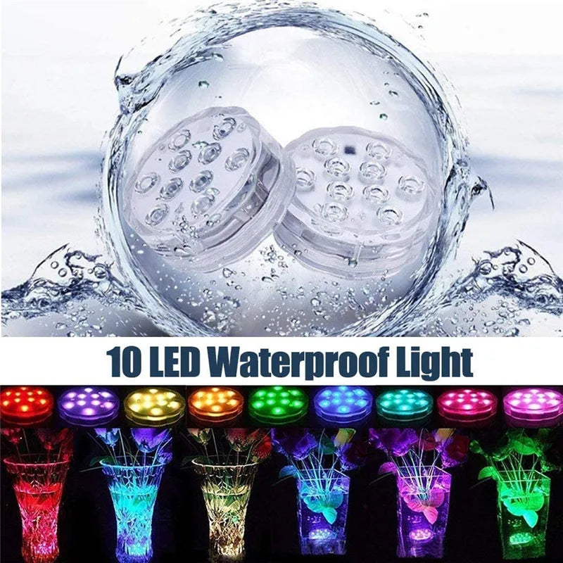 RGB LED Underwater Light - 10 LED Battery Powered Submersible Night Lamp for Swimming Pools, Gardens, Weddings & Party Decorations