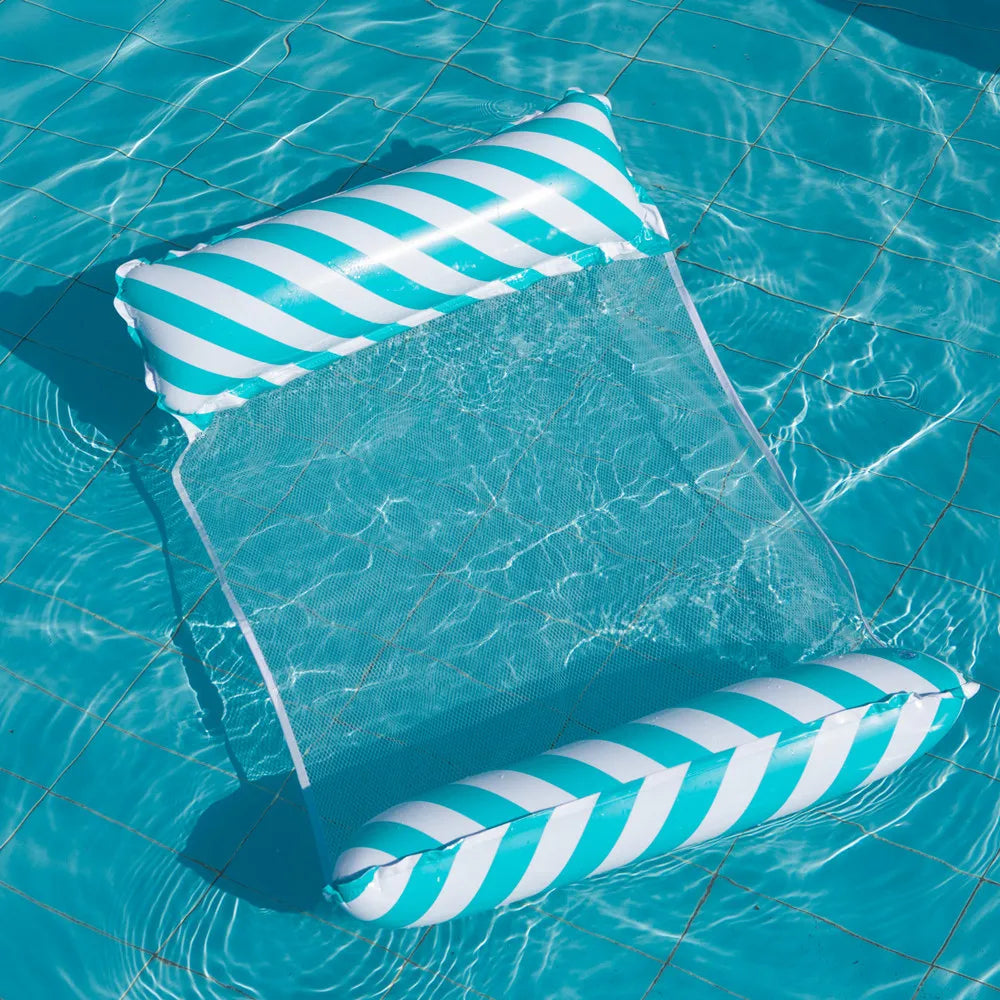 Striped Inflatable Pool Float Chair - Foldable Beach Lounge with Mesh Backrest for Swimming and Leisure