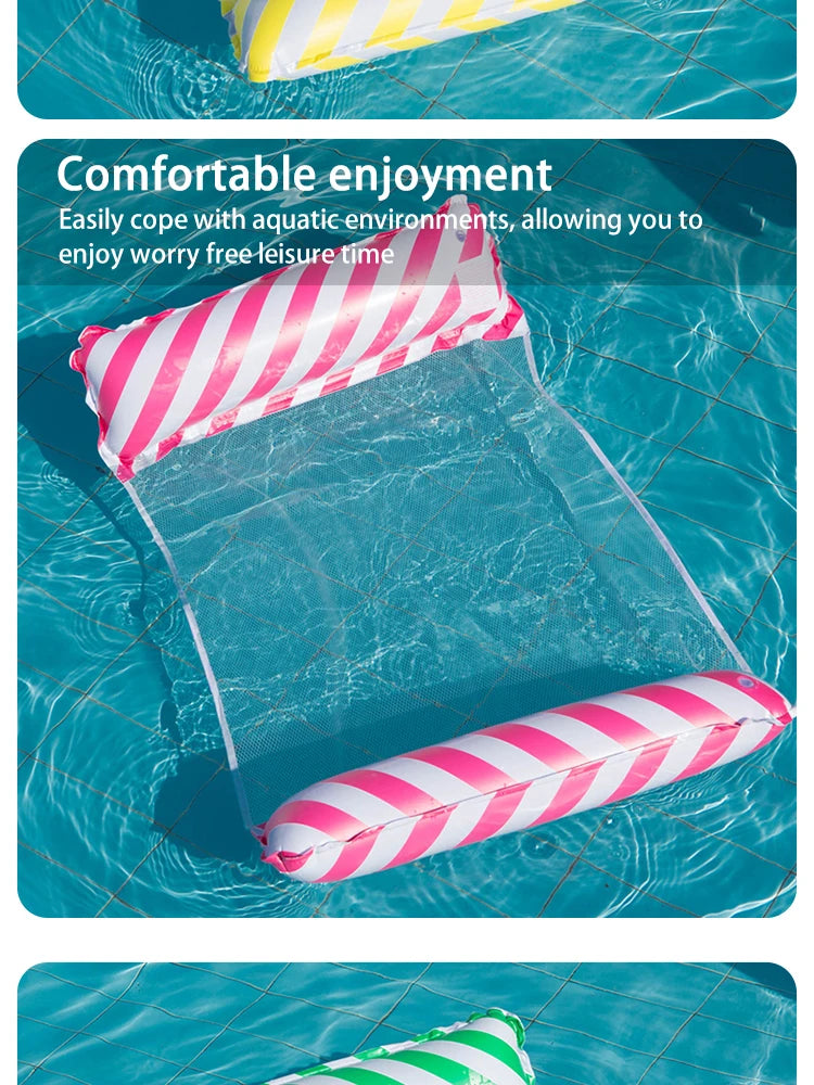Striped Inflatable Pool Float Chair - Foldable Beach Lounge with Mesh Backrest for Swimming and Leisure