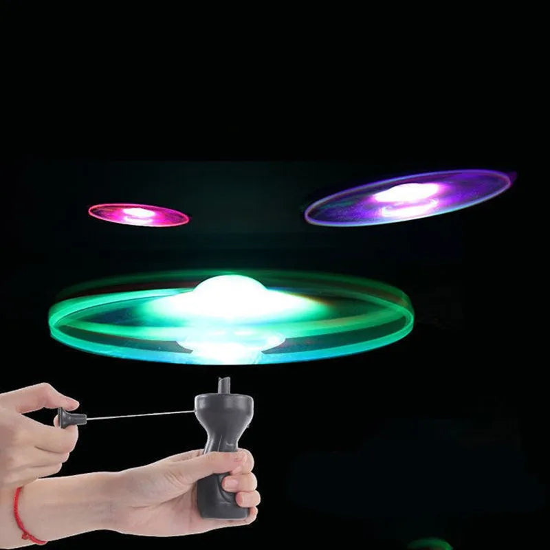 Kid's Sports Pull-Line Saucer Toys - Children's Outdoor Fun - Rotating Flying Toy with LED Light