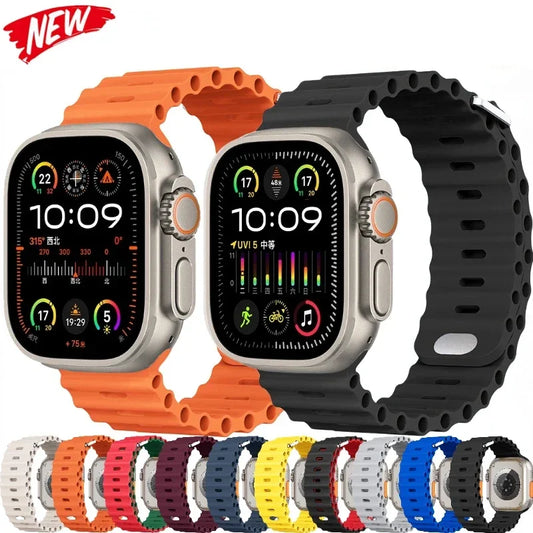 Ocean Strap Silicone Band for Apple Watch - Compatible with Ultra 2, Series 9/8/7/6/5/4/3/SE - All Sizes (49mm, 45mm, 44mm, 42mm, 41mm, 40mm) - Premium Silicone Bracelet Wristband