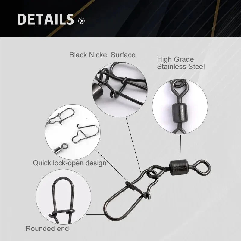 Premium Stainless Steel Fishing Swivel Connectors - 50 Piece Set with Rolling Bearing & Snap Hook for Lure Rigging