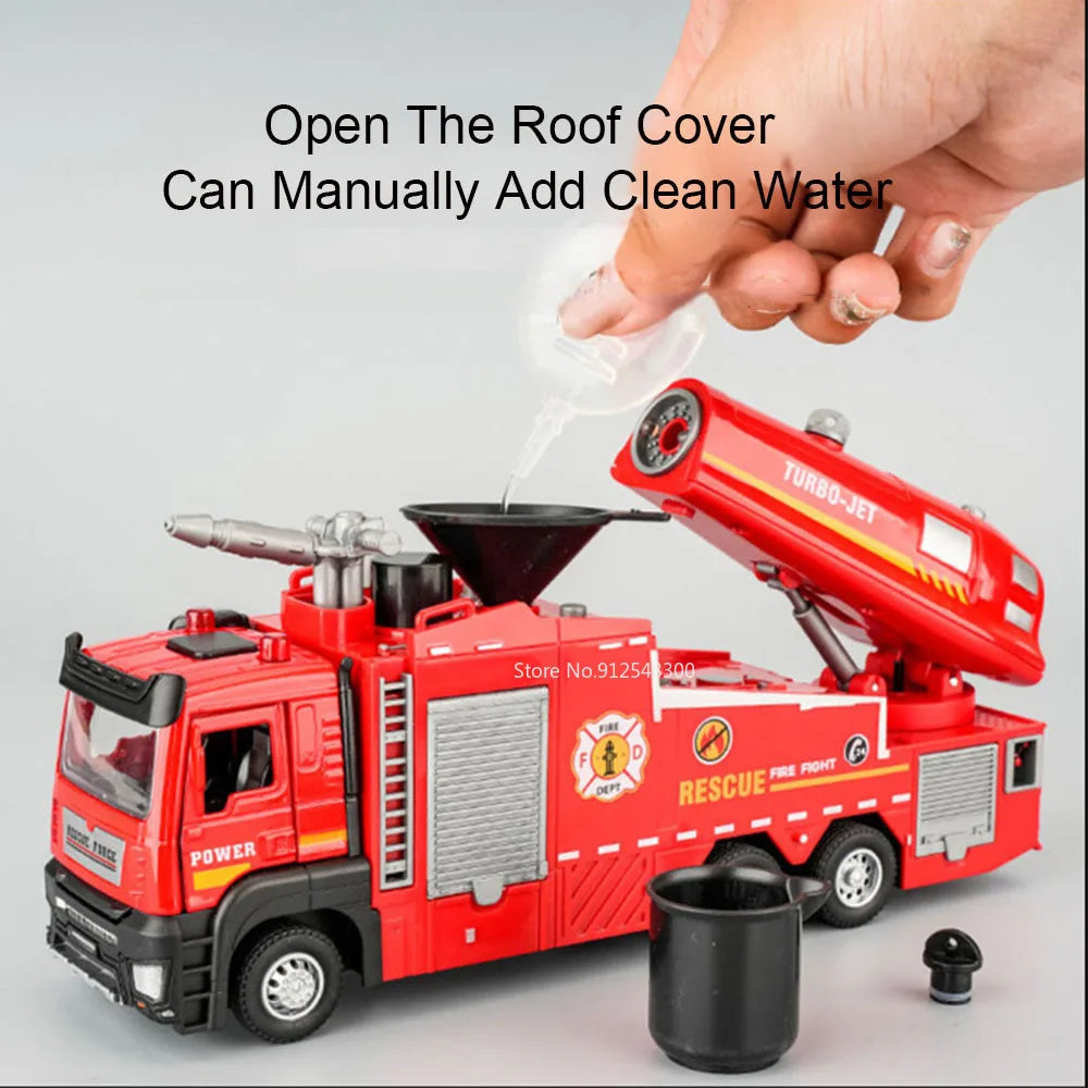 Fire Engine Model Truck 1:32 Scale with Water Spray Function - Ladder Truck Toy with Sound & Light Effects, Pull-Back Action, Opening Doors - Vehicle Collection Gift for Boys