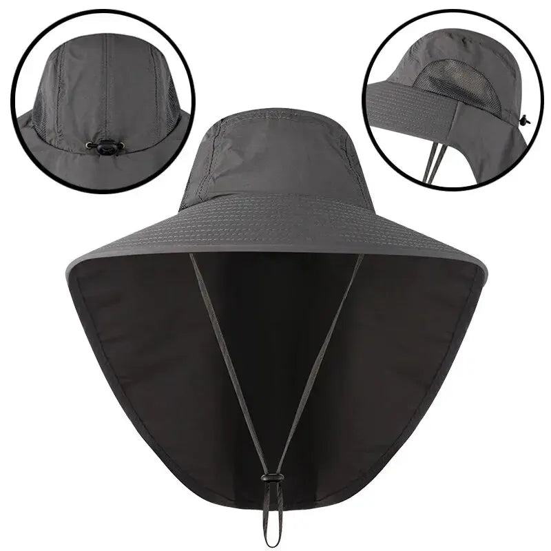 Unisex Wide Brim Safari Hat with Cooling Neck Flap - Sun Protection Baseball Cap for Outdoor Hiking and Fishing