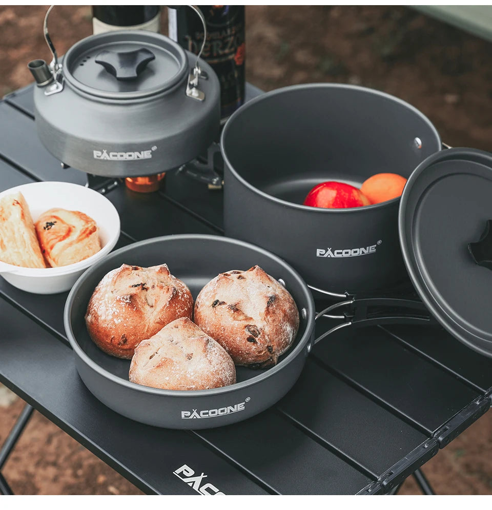 PACOONE Portable Camping Cookware Set - Complete Outdoor Cooking Kit with Pot, Kettle, Pan & Tableware for Hiking and Picnic