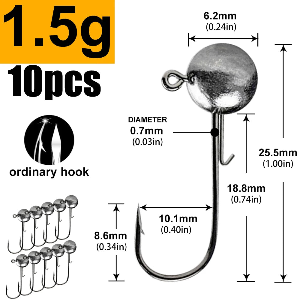 Round Head Jig Hooks for Soft Lure Fishing - Multi-Weight Pack (1g, 2g, 3g, 4g to 20g) - Premium Worm Bait Jigging Hooks for Crank Fishing