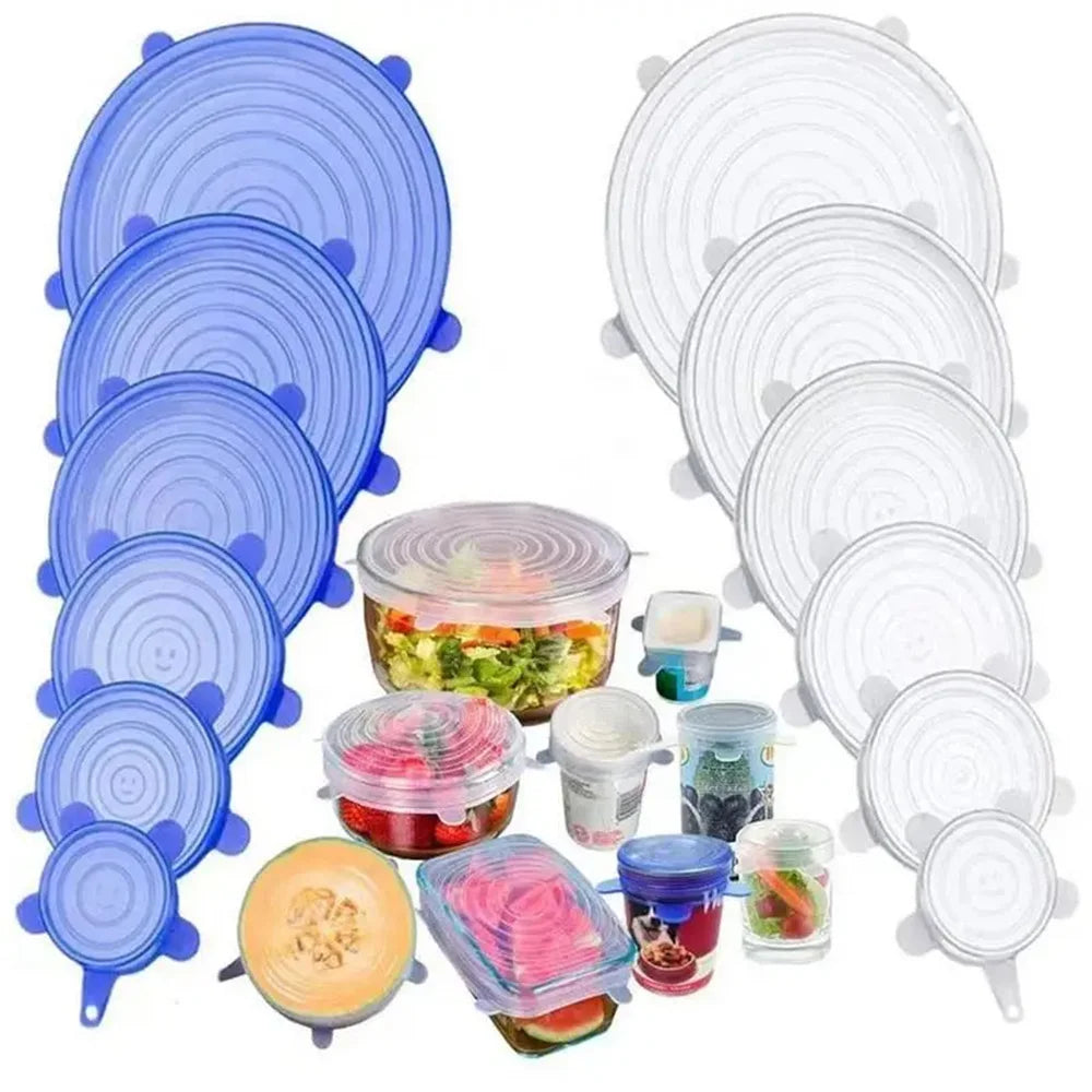Universal Silicone Food Storage Lids - 6 Piece Set of Reusable Airtight Stretch Covers for Round Dishes & Kitchen Containers