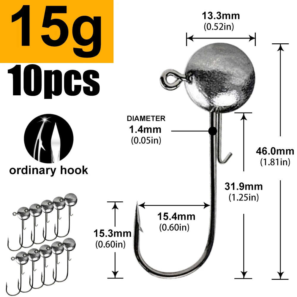 Round Head Jig Hooks for Soft Lure Fishing - Multi-Weight Pack (1g, 2g, 3g, 4g to 20g) - Premium Worm Bait Jigging Hooks for Crank Fishing
