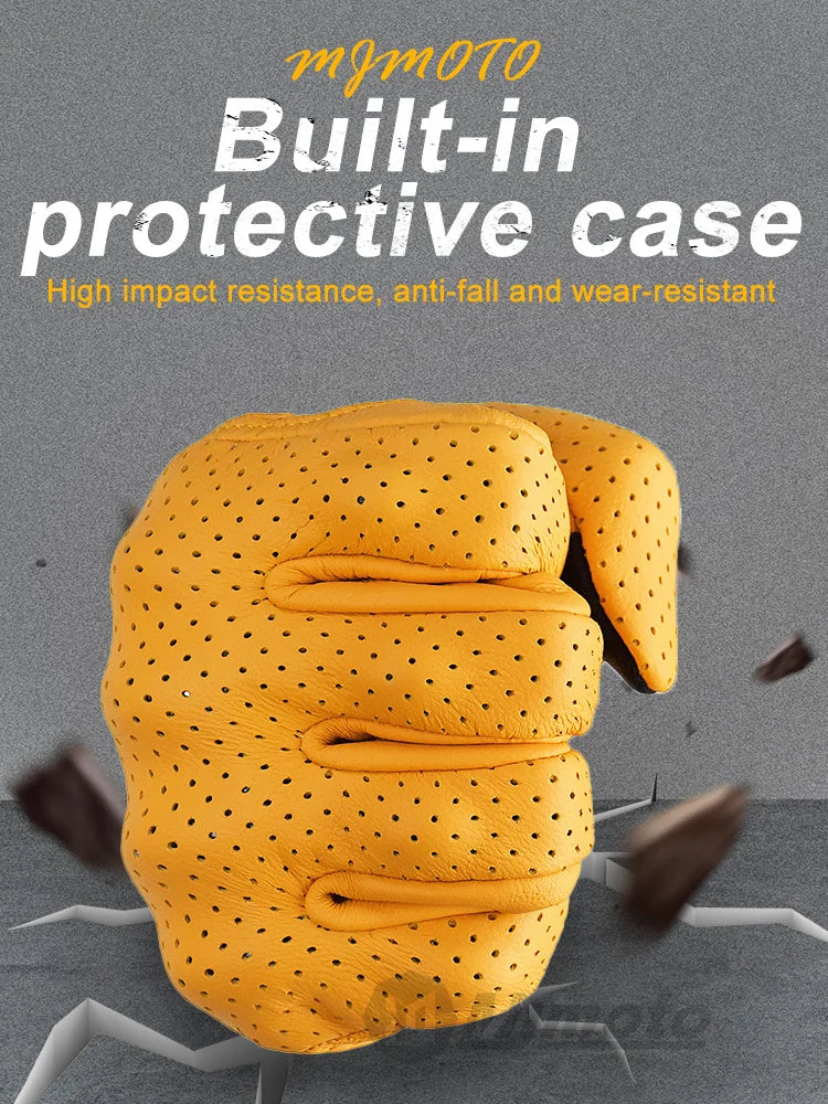 Breathable Perforated Leather Motorcycle Gloves - Retro Yellow Racing Gloves with Touch Screen for Men & Women - Motocross Motorbike Riding Gear