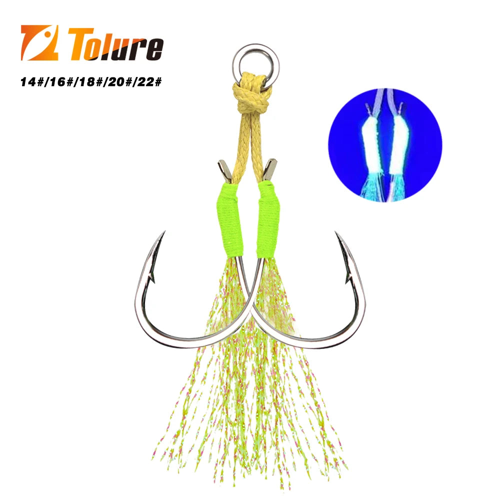TOLU Metal Jigging Assist Hooks Set - 10 Pieces, Size 13-22#, PE Line with Feather, Solid Ring, UV Enhanced for 10-120g Lures