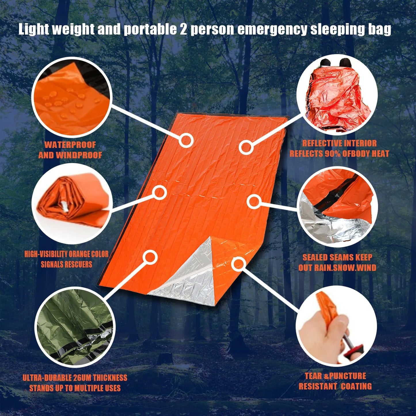 Emergency Survival Sleeping Bag - Waterproof Portable Thermal Mylar Blanket for Outdoor Camping & First Aid Rescue Kit