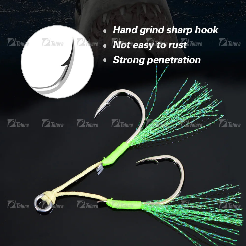 TOLU Metal Jigging Assist Hooks Set - 10 Pieces, Size 13-22#, PE Line with Feather, Solid Ring, UV Enhanced for 10-120g Lures