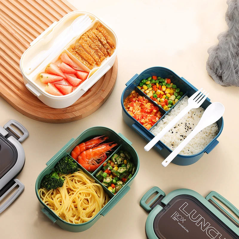 Portable Double-Layer Lunch Box with Compartments - Microwave Safe Food Container with Fork & Spoon Set for Picnic and Fresh Food Storage