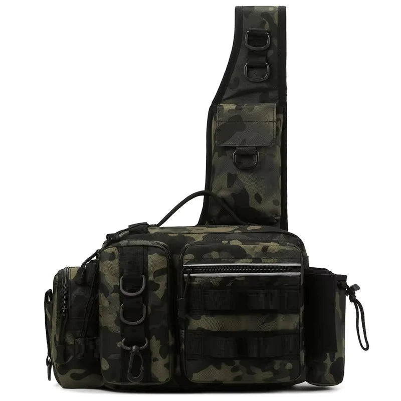 Men's Fishing Backpack with Pole Holder - Equipment Storage Bag with Bait Box, Sling Shoulder Strap