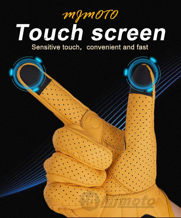 Breathable Perforated Leather Motorcycle Gloves - Retro Yellow Racing Gloves with Touch Screen for Men & Women - Motocross Motorbike Riding Gear