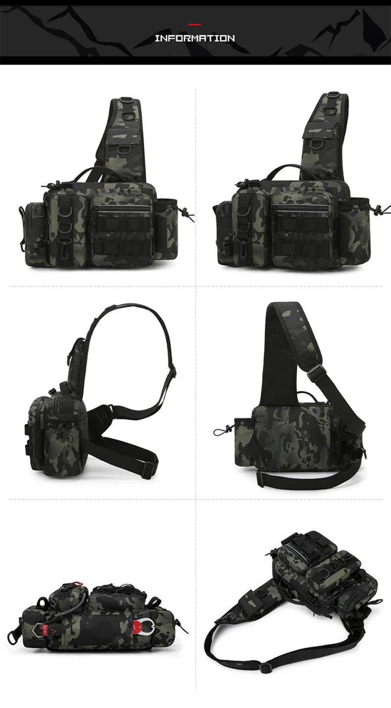 Men's Fishing Backpack with Pole Holder - Equipment Storage Bag with Bait Box, Sling Shoulder Strap