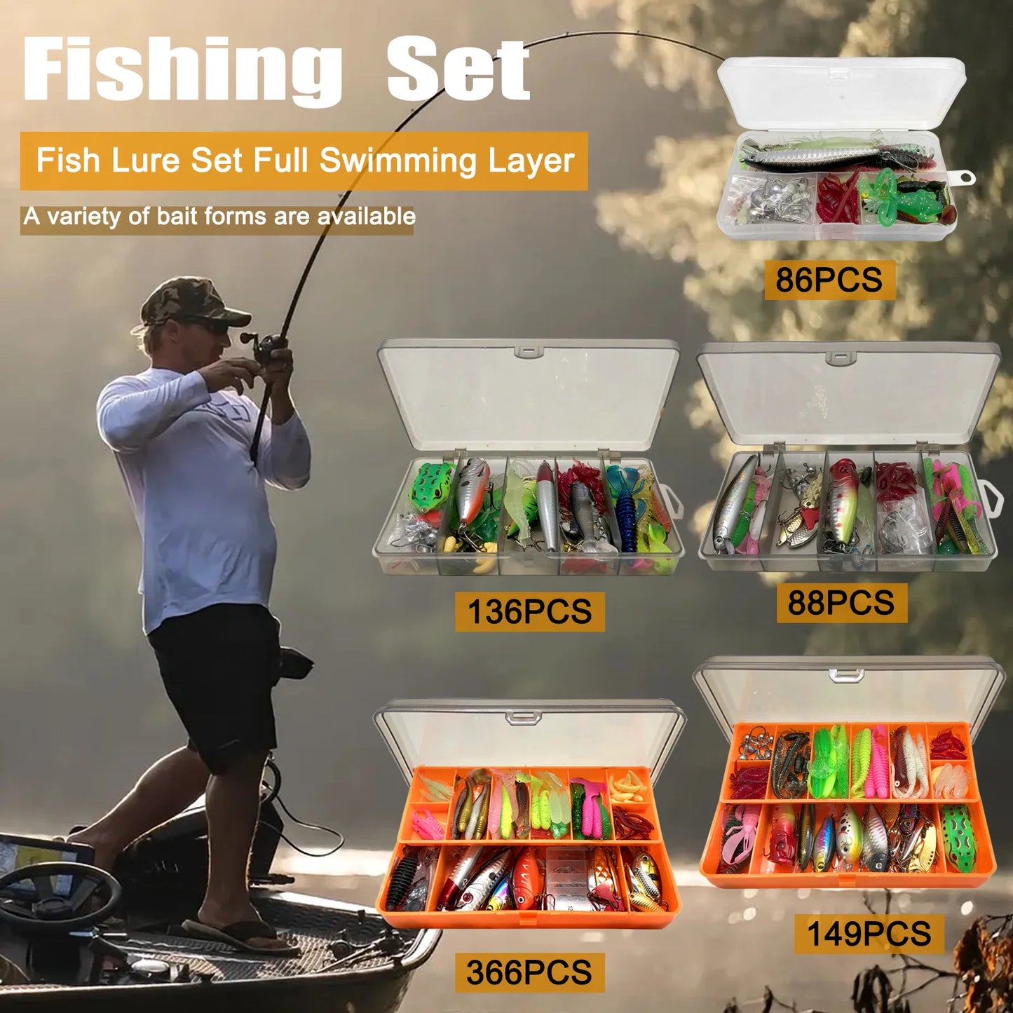 Professional Fishing Lure Kit - 86/88/136/149/366 Pieces Multi-Species Tackle Set for Trout, Pike & Bass with Layered Pro Gear Tackle Box