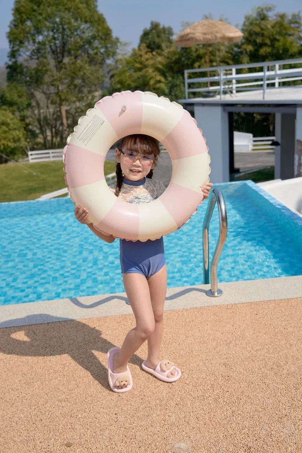 Kids PVC Striped Swimming Ring - Inflatable Floating Tube Donut for Boys & Girls Summer Pool Fun