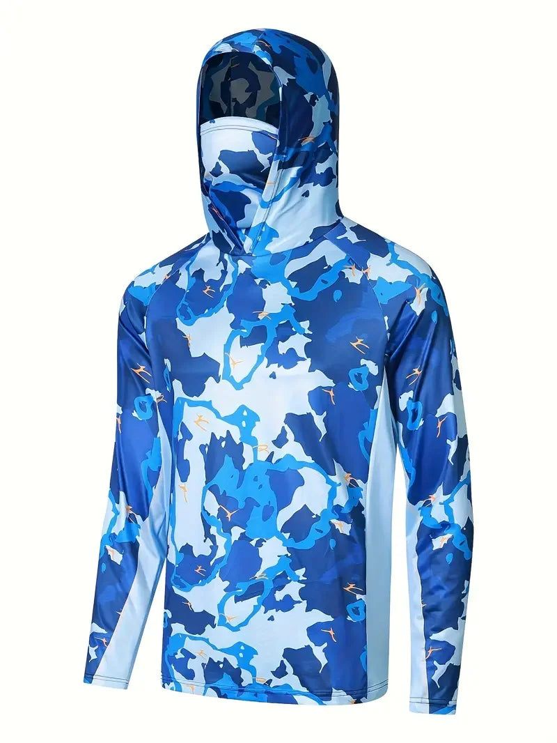 Men's Hooded Fishing Performance Jersey - UV Protection Sun Mask Hoodie for Outdoor Summer Activities