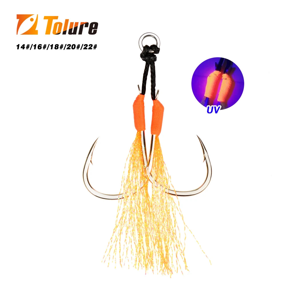 TOLU Metal Jigging Assist Hooks Set - 10 Pieces, Size 13-22#, PE Line with Feather, Solid Ring, UV Enhanced for 10-120g Lures
