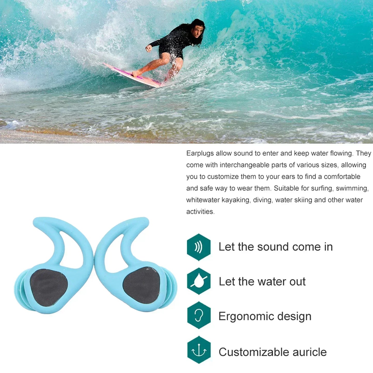 Universal-Fit Waterproof Ear Plugs with Sound Transmission - Swimming Surfing Diving Water Sports Accessories with Lanyard