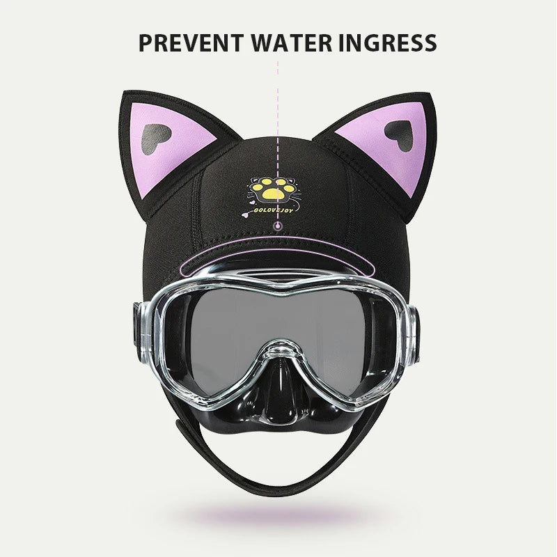 Women's Waterproof 3MM Neoprene Diving Hood - Cute Cat Ears Design with Chin Straps for Swimming & Snorkeling