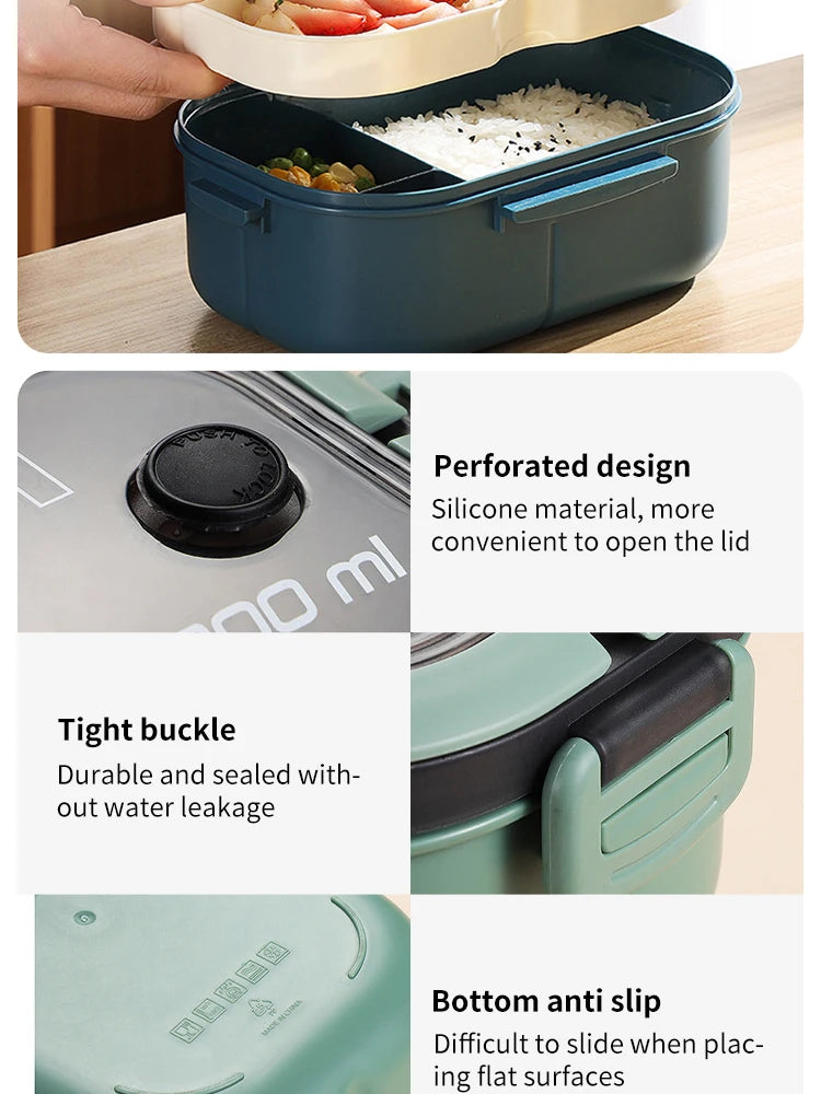 Portable Double-Layer Lunch Box with Compartments - Microwave Safe Food Container with Fork & Spoon Set for Picnic and Fresh Food Storage