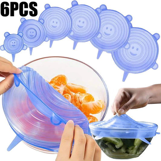 Universal Silicone Food Storage Lids - 6 Piece Set of Reusable Airtight Stretch Covers for Round Dishes & Kitchen Containers