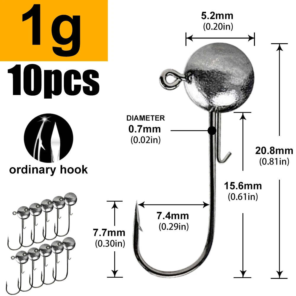 Round Head Jig Hooks for Soft Lure Fishing - Multi-Weight Pack (1g, 2g, 3g, 4g to 20g) - Premium Worm Bait Jigging Hooks for Crank Fishing