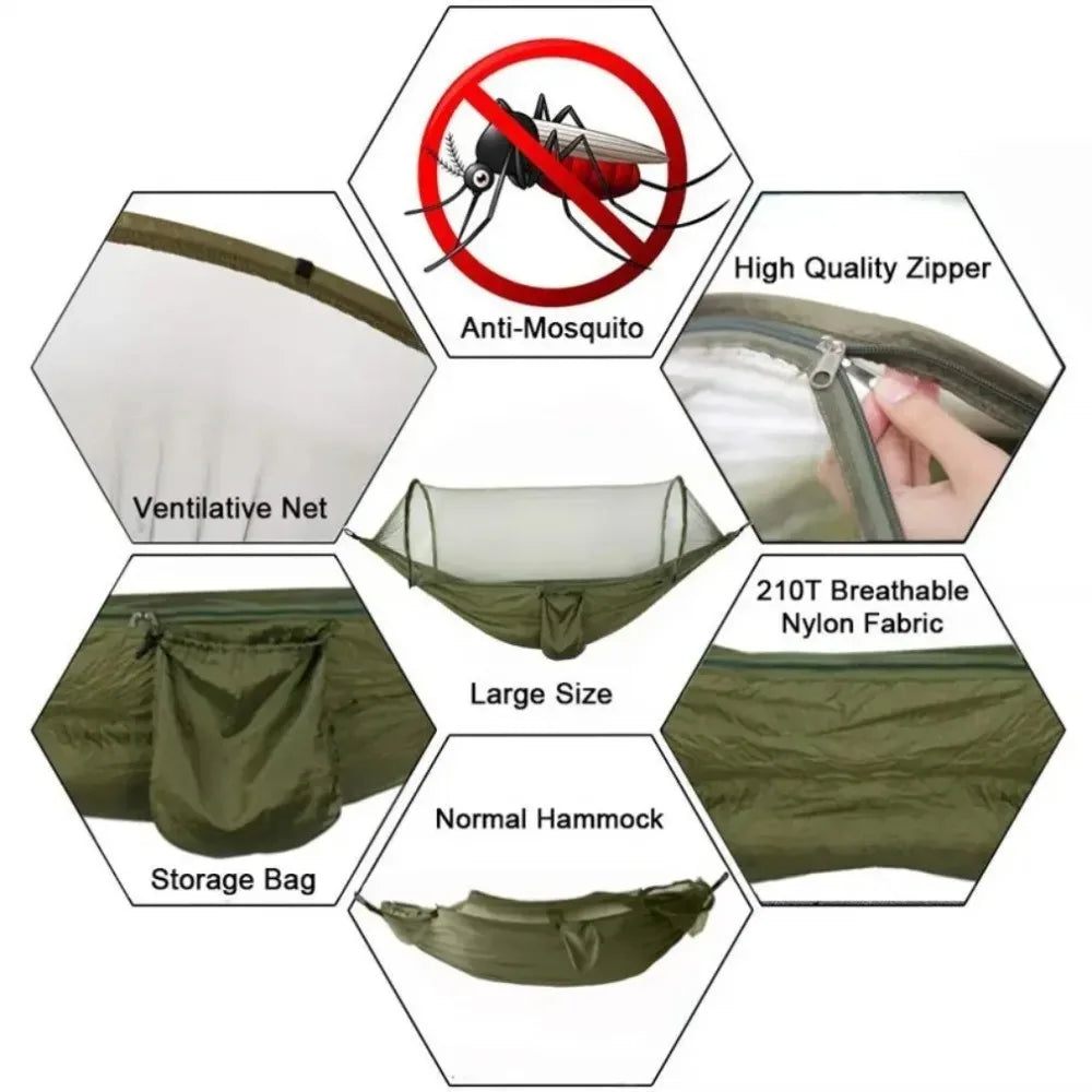 Lightweight Parachute Fabric Camping Hammock with Mosquito Net - High Strength Hanging Bed 250x120cm