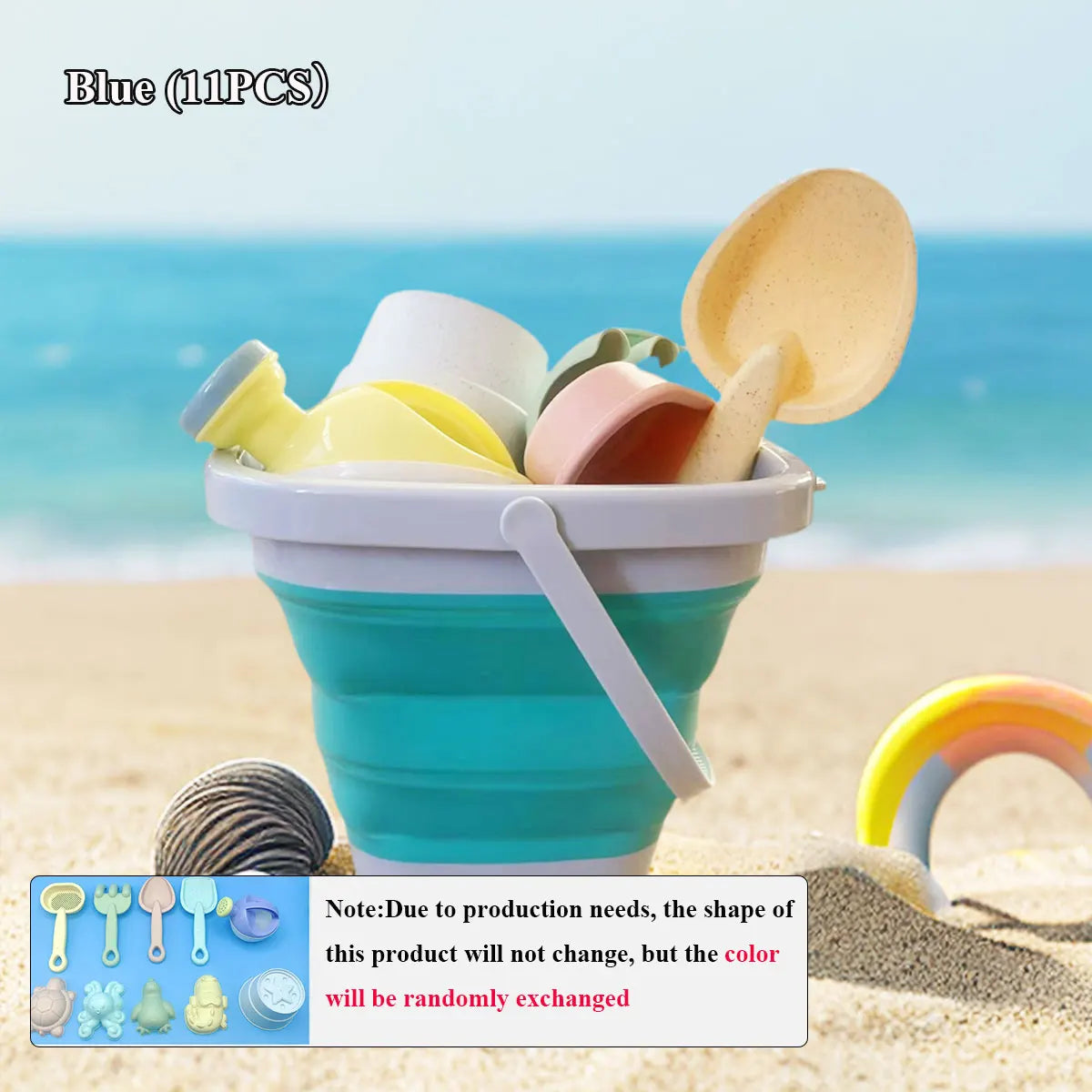 Children's Beach Sand & Water Play Set - 11 Piece Collapsible Bucket Kit with Summer Outdoor Toys for Kids Sandbox Games (Random Color Selection)