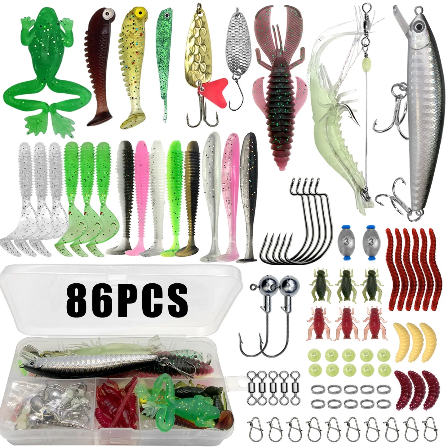Professional Fishing Lure Kit - 86/88/136/149/366 Pieces Multi-Species Tackle Set for Trout, Pike & Bass with Layered Pro Gear Tackle Box