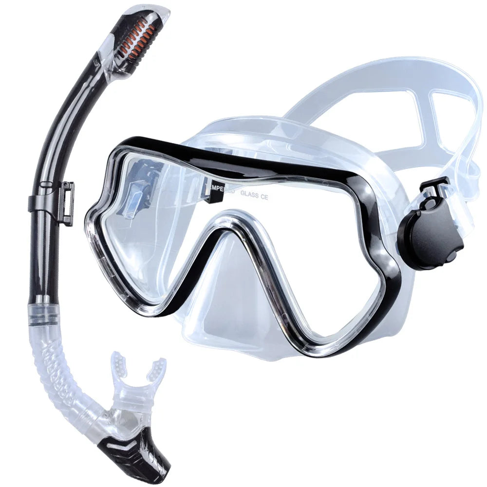 Professional Adult Diving Mask & Snorkel Kit - Tempered Glass Panoramic Swimming Goggles with Training Snorkel Gear