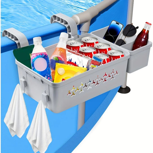 Premium Pool Storage Basket with Cup Holder - Heavy-Duty Plastic Organizer for Above Ground Pools & Outdoor Swimming