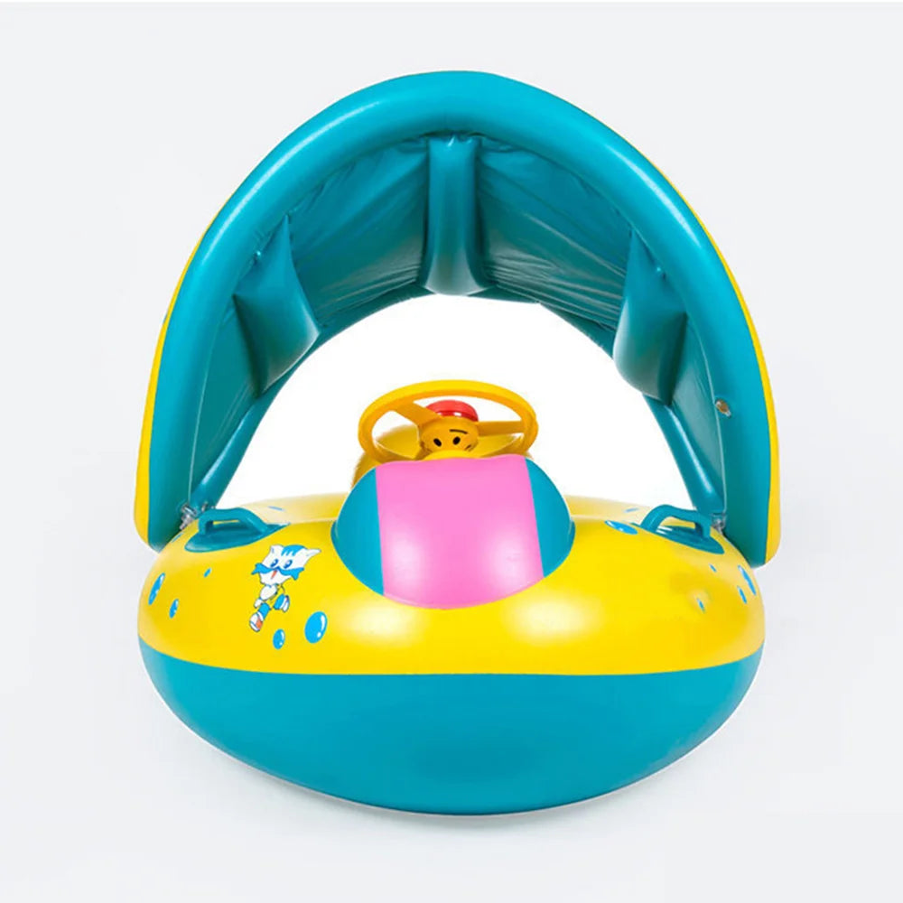 Yellow Inflatable Baby Swimming Pool Float - 1 Piece Sunshade Seat Ring with Steering Wheel