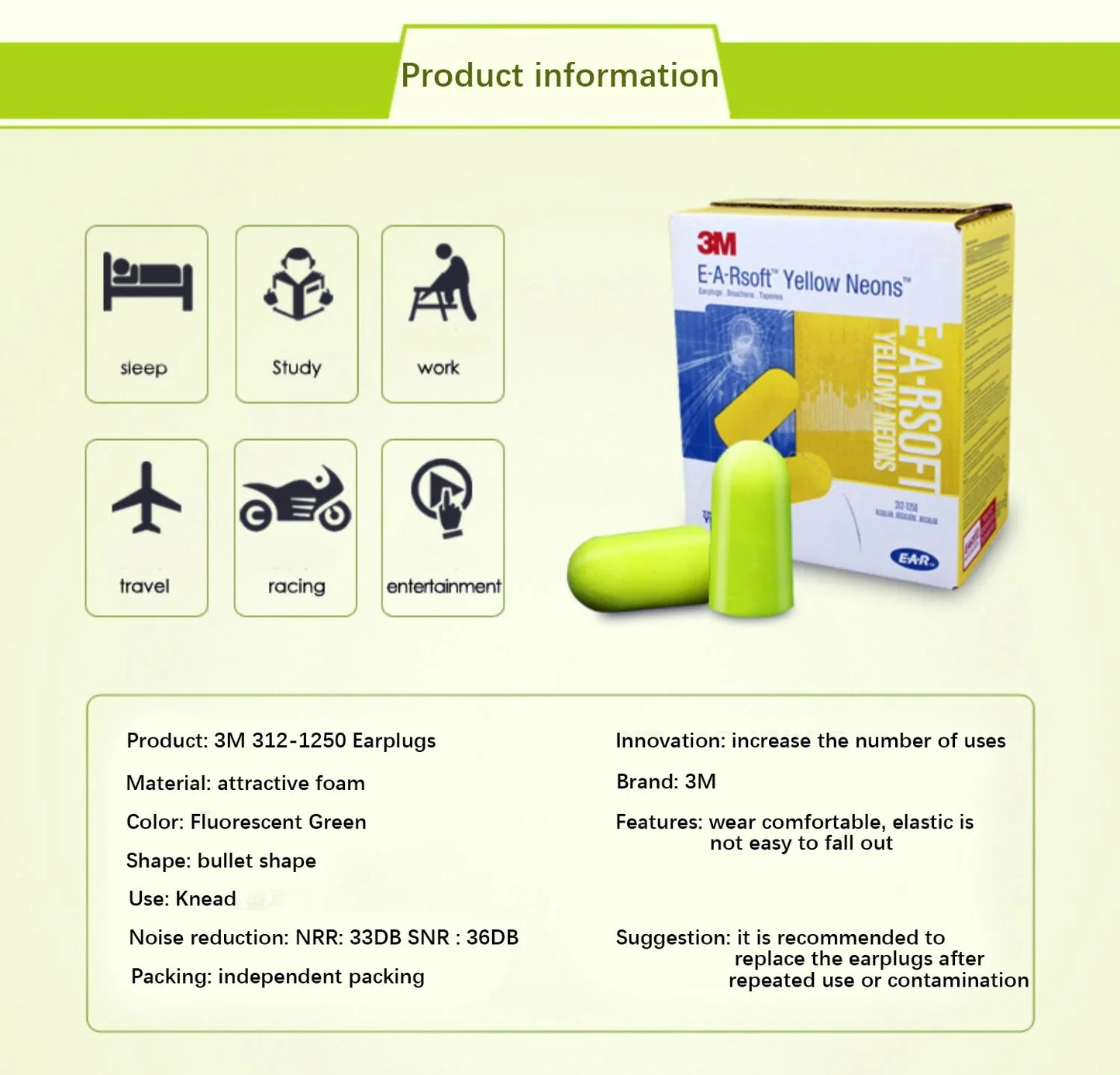3M 312-1250 Foam Ear Plugs - 10 Pairs Corded Soft Noise Reduction Earplugs for Swimming & Hearing Protection