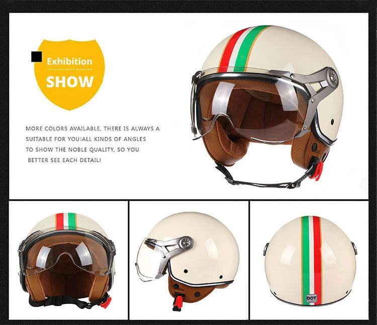 Retro 3/4 Open Face Motorcycle Helmet - Jet Style with Visor for Motorbike & Scooter Riding