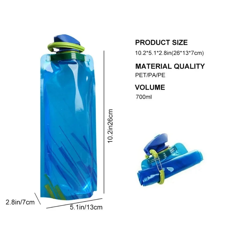 Lightweight Foldable Water Bottle 700ml - Portable Soft Camping Water Bag with Handle & Hanging Hook for Outdoor Sports