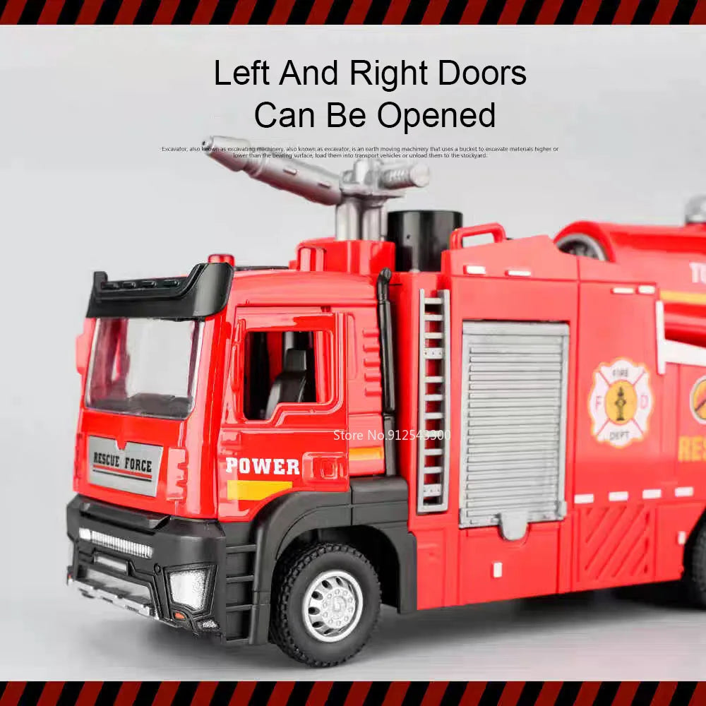 Fire Engine Model Truck 1:32 Scale with Water Spray Function - Ladder Truck Toy with Sound & Light Effects, Pull-Back Action, Opening Doors - Vehicle Collection Gift for Boys