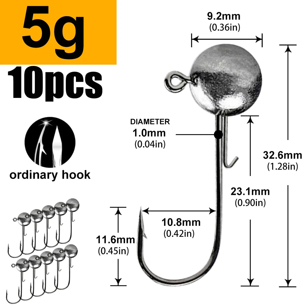 Round Head Jig Hooks for Soft Lure Fishing - Multi-Weight Pack (1g, 2g, 3g, 4g to 20g) - Premium Worm Bait Jigging Hooks for Crank Fishing