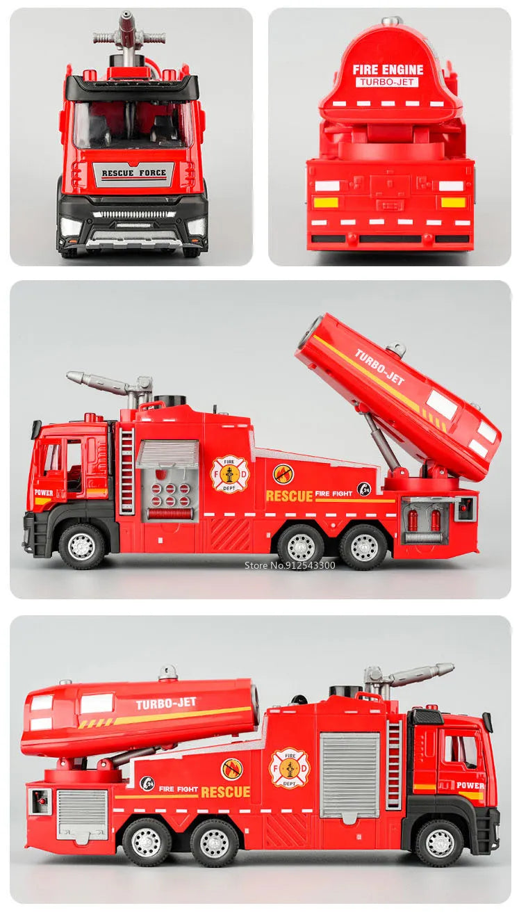 Fire Engine Model Truck 1:32 Scale with Water Spray Function - Ladder Truck Toy with Sound & Light Effects, Pull-Back Action, Opening Doors - Vehicle Collection Gift for Boys